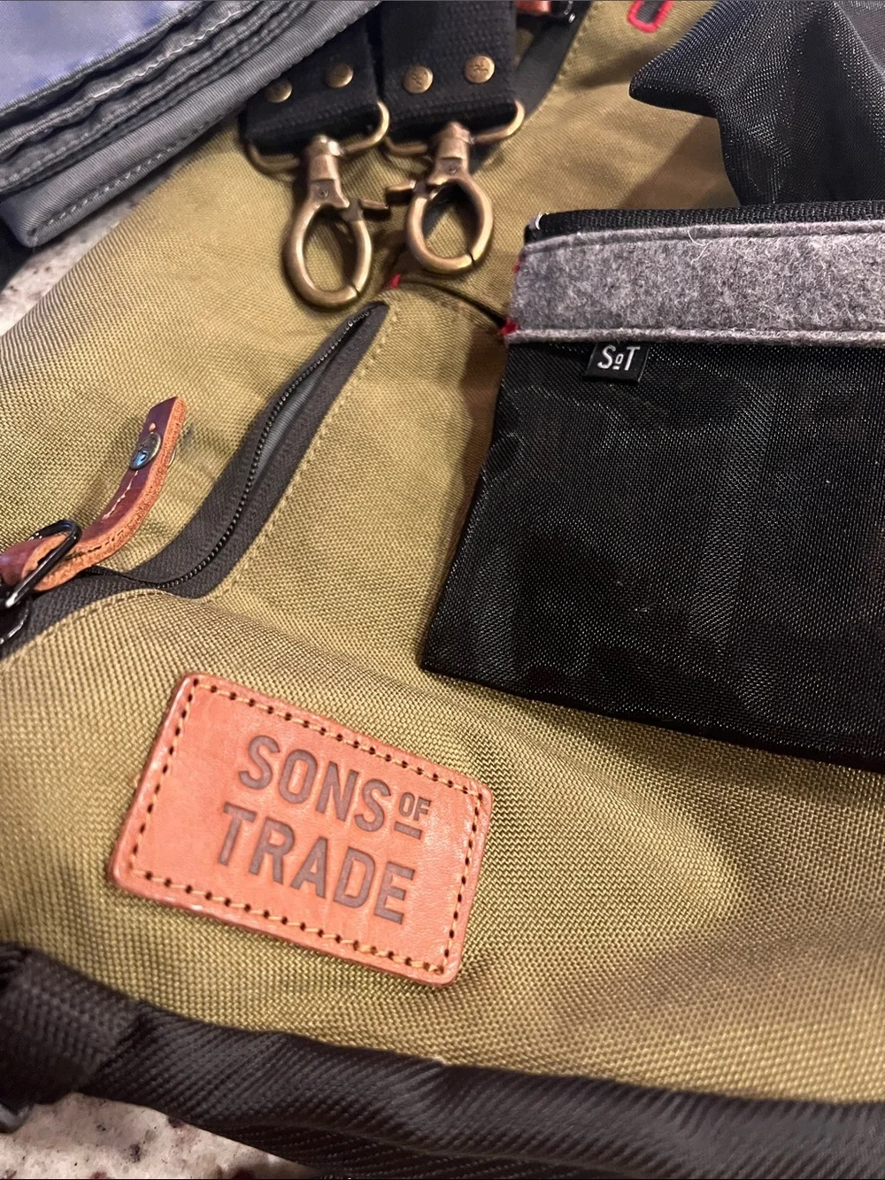 Sons of Trade Olive Canvas Diaper Bag Crossbody Sling with Brown Leather Trim